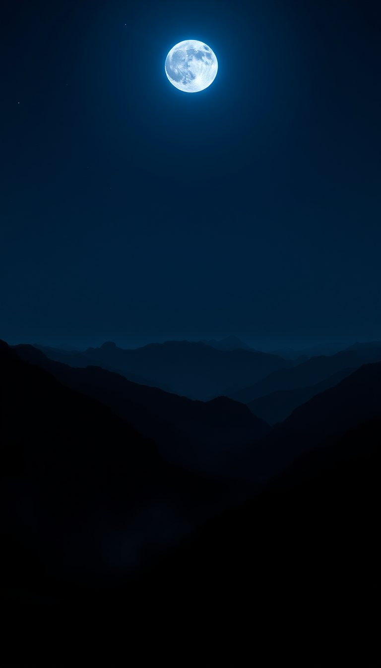 Main art studio: Create a 9:16 cinematic wallpaper showing majestic black mountains under a dark midnight sky, subtle blue moonlight, atmospheric mist, deep shadows, f
