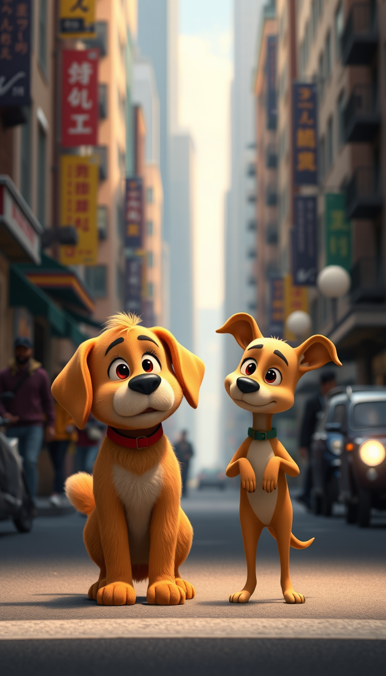 Main art studio: A cute 3D animated golden-brown big dog and a small skinny light-brown dog standing on opposite sides of a busy city street, emotional heartwarming ch