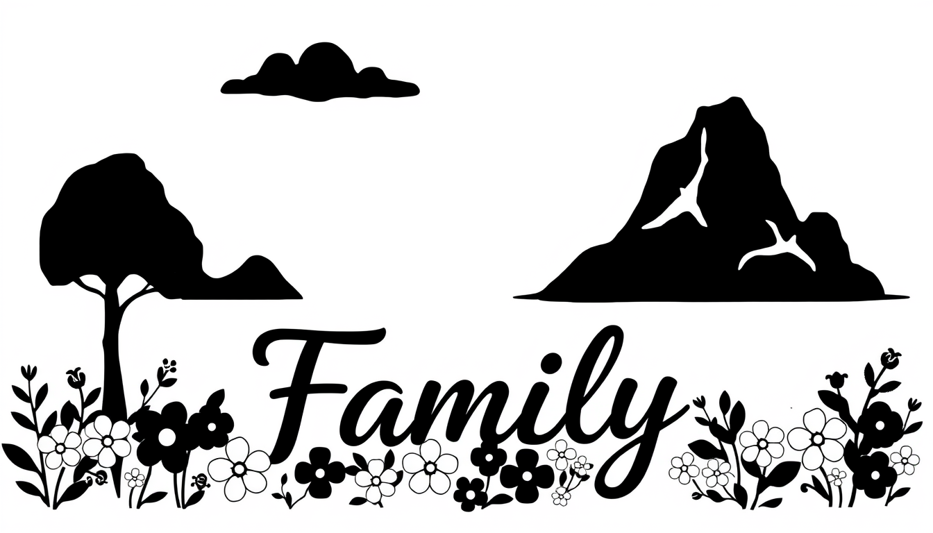 Stencil idea: high-contrast stencil concept, solid connected black shapes, minimal isolated islands, the word Family written in cursive with flowers underneath it ,
