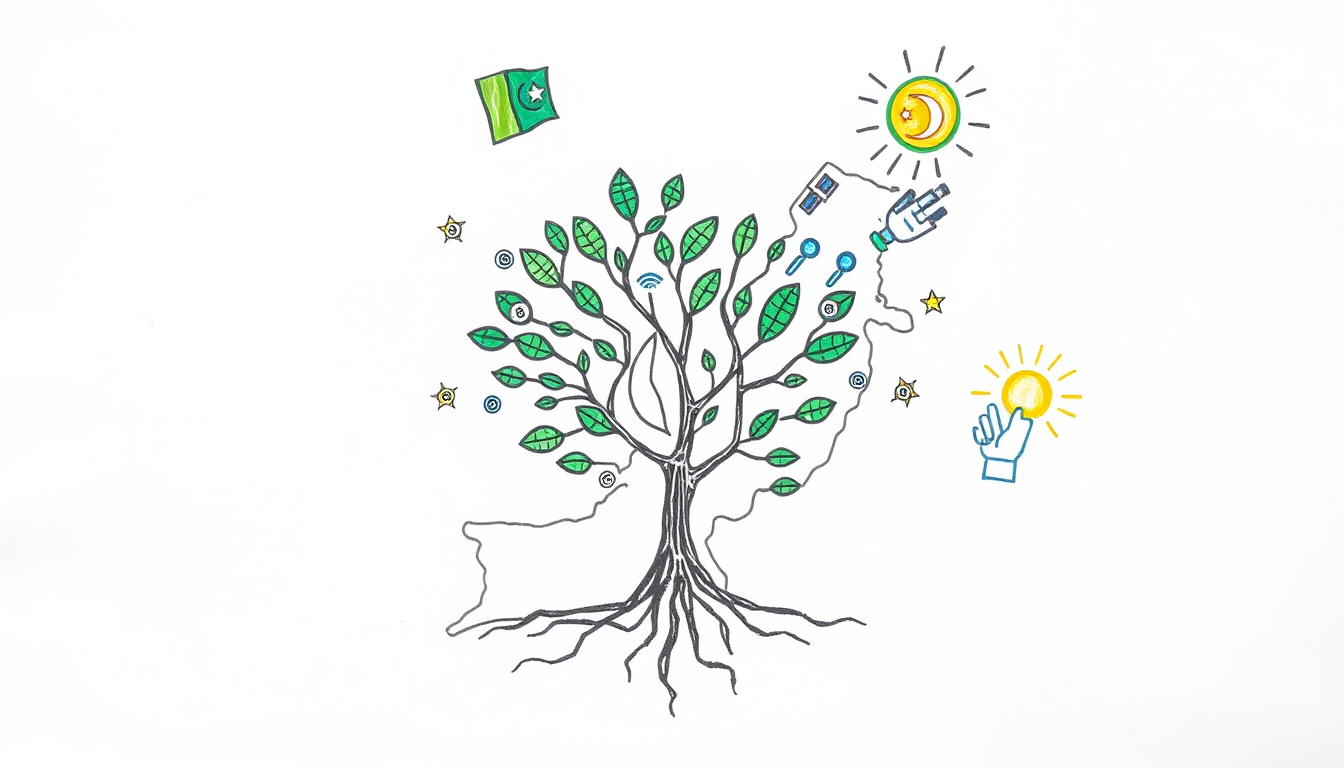 Main art studio: Easy hand-drawn school art poster, white paper with visible colored-marker texture. Theme: “Pakistan 2050: The Future I Imagine.” Center a simple outl