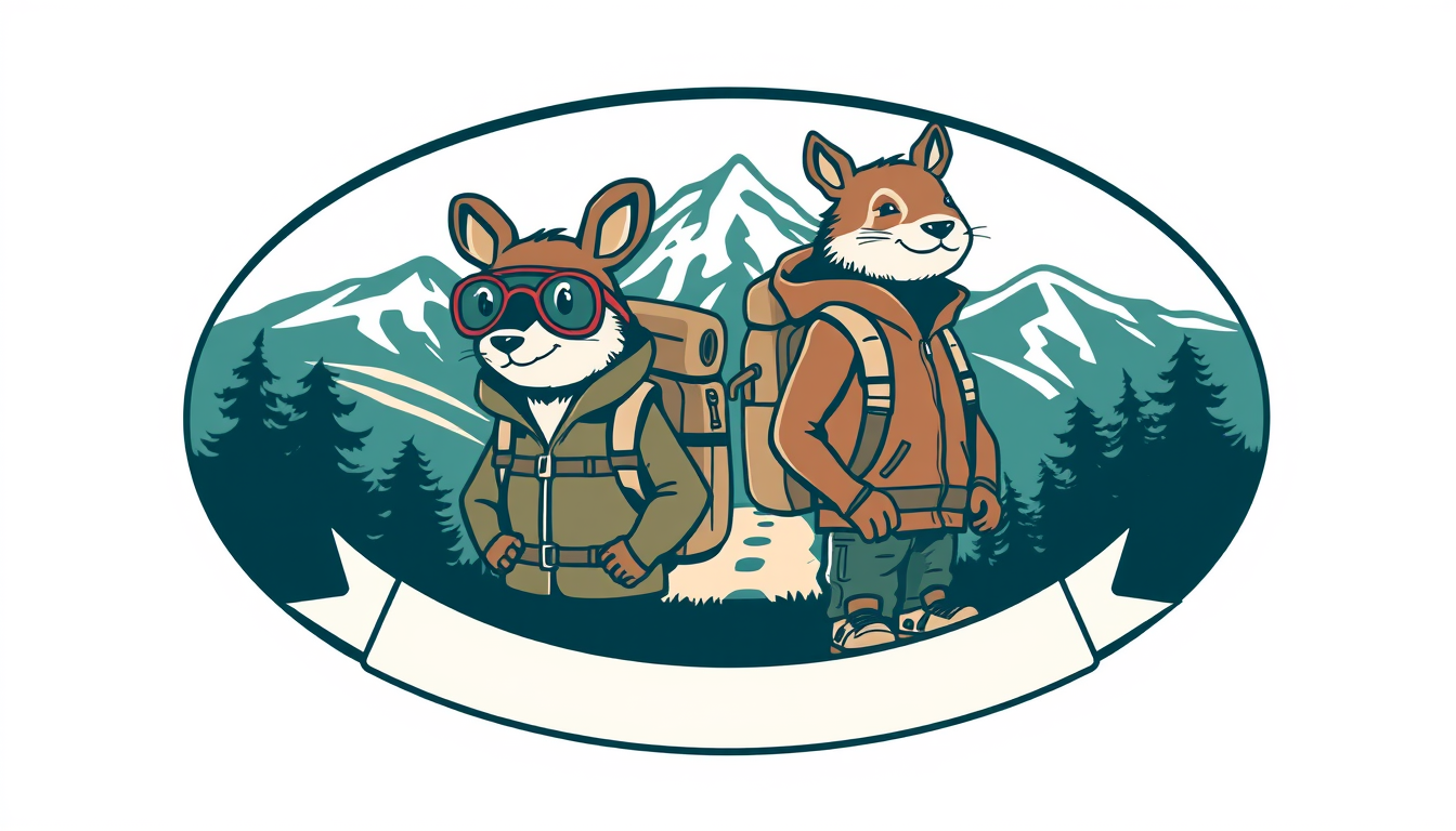 Main art studio: Ovales, hochwertiges Wanderlogo mit zwei sympathischen anthropomorphen Haien. Weiblicher Hai mit deutlich sichtbarer runder Brille, Wanderjacke und Ru