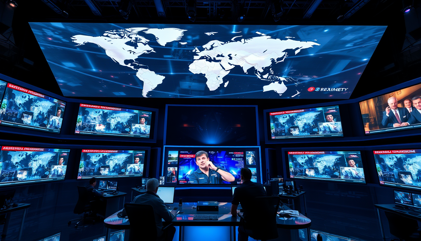 Main art studio: A modern international newsroom with huge digital screens showing a world map, journalists, breaking-news graphics, multiple screens displaying differ