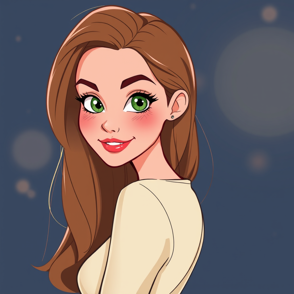 AI Art prompt example created from the prompt: Hochwertige 2D-Digitalillustration einer erwachsenen Frau als eleganter Cartoon-Charakter. Lange voluminöse braune Haare, grün-braune große