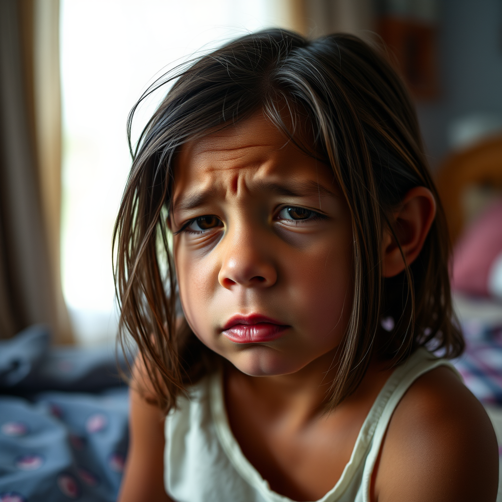 Main art studio: dark tanned 10 year old with girl dark brown hair sitting in a bedroom, head tilted down, very wrinkly, lots of wrinkles, wrinkled nose, wrinkles all 