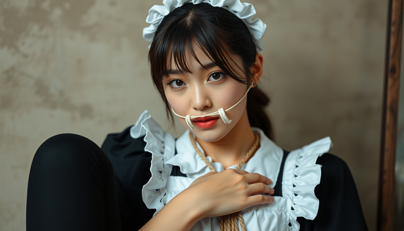 Main art studio: Korean girl wear black maid clothes and tied up with a rope by arm,leg,and chest and wear mouth gag
