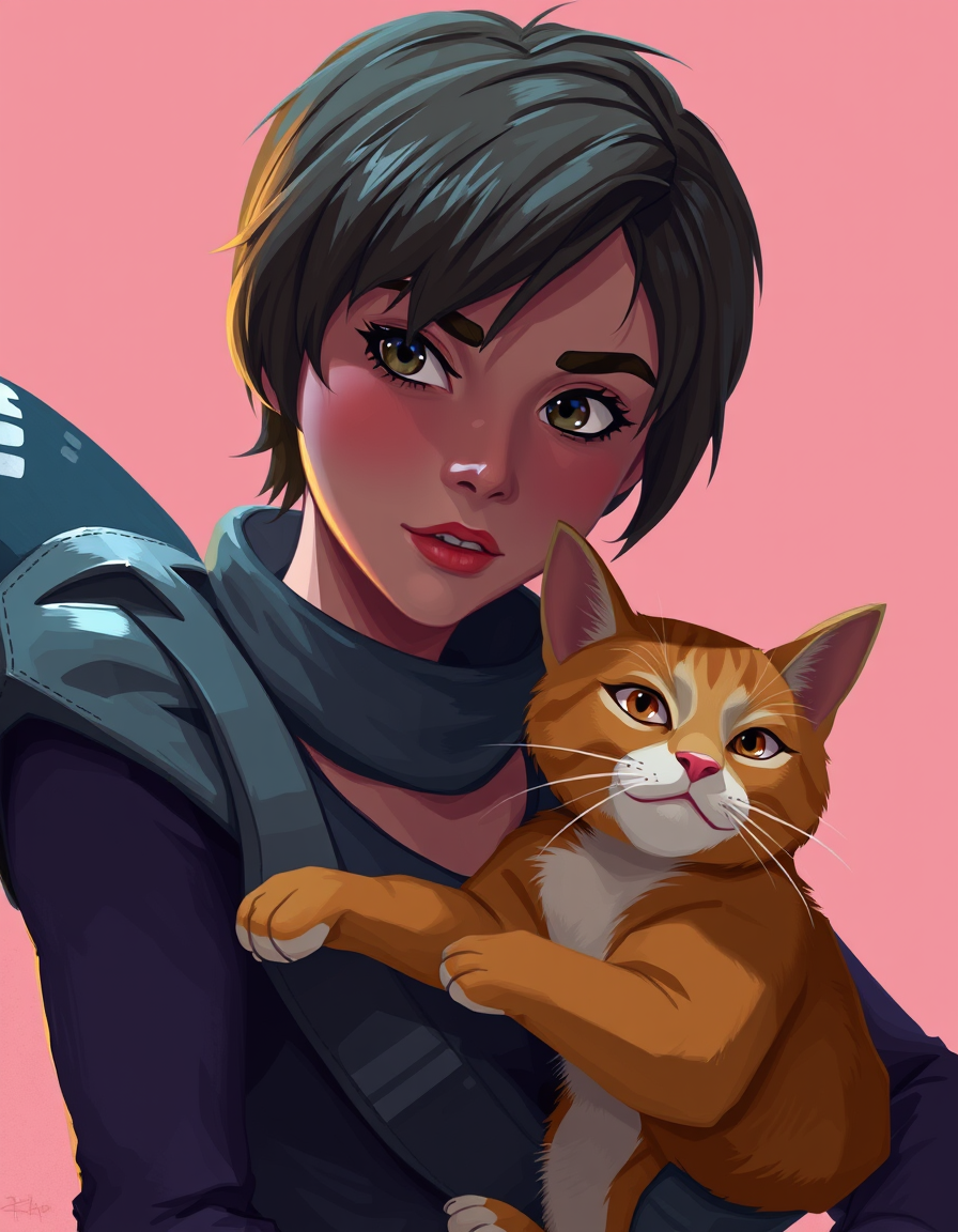 Main art studio: Create a completely reimagined, premium-quality character illustration of Ellen Ripley from Alien (1979) with Jones, the orange tabby cat. The uploade