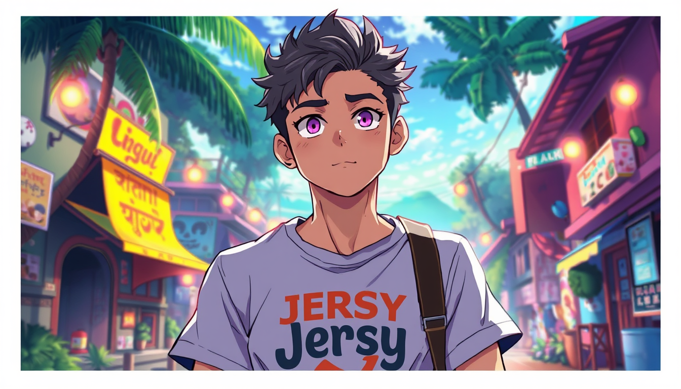 Anime idea: anime style, vibrant colors, expressive eyes, a man searching t shirt named Jersy in the Place called alapuzha , detailed anime illustration