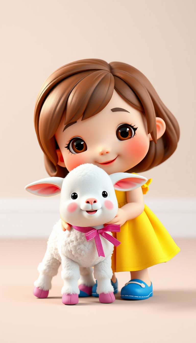Main art studio: Cute little girl with brown hair, wearing a yellow dress and blue shoes, with a fluffy white lamb with a pink ribbon around its neck, adorable.. 3D ch