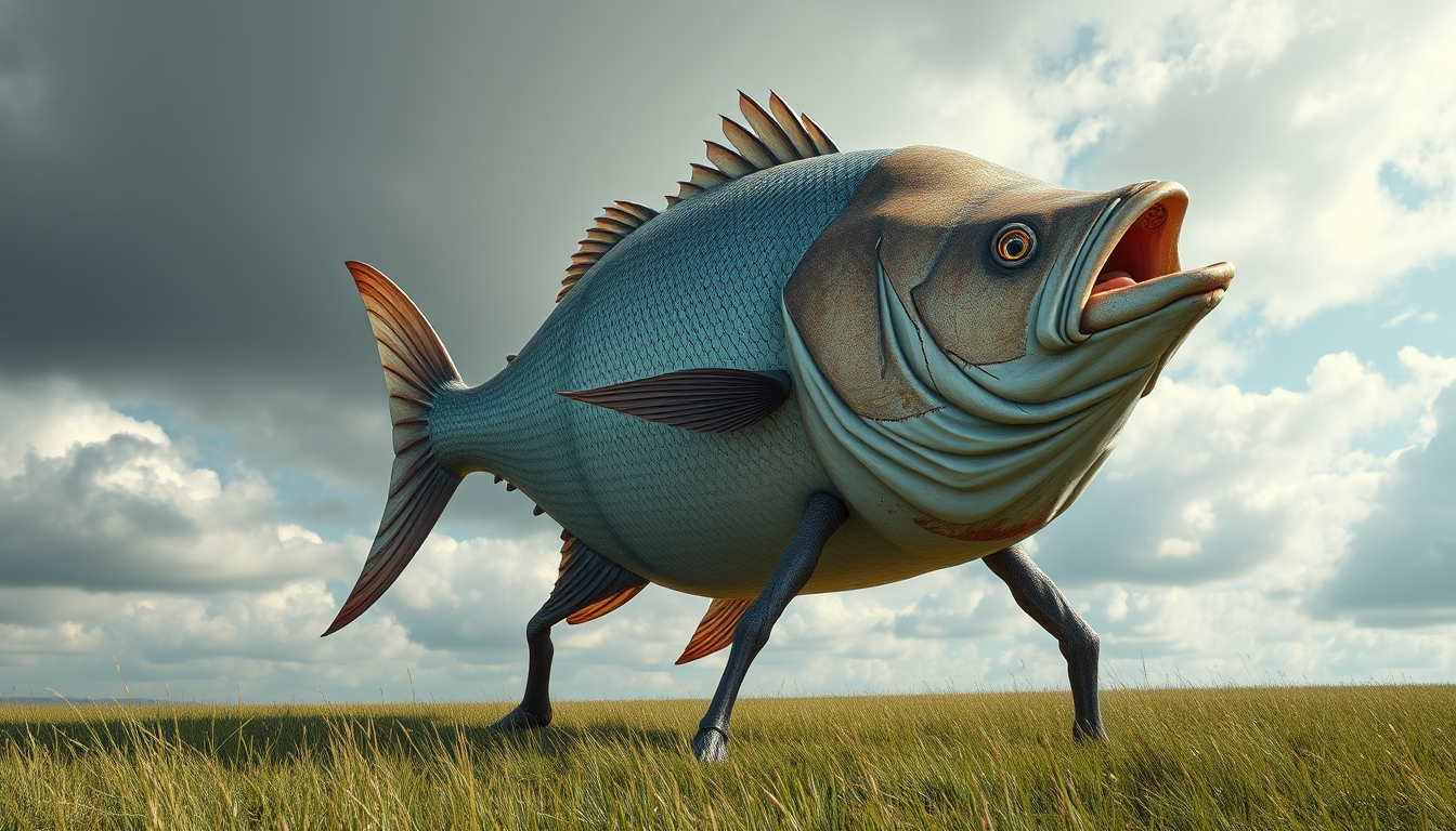 Main art studio: A big fish in the shape of a cube on a big grass feild that has human arms and legs