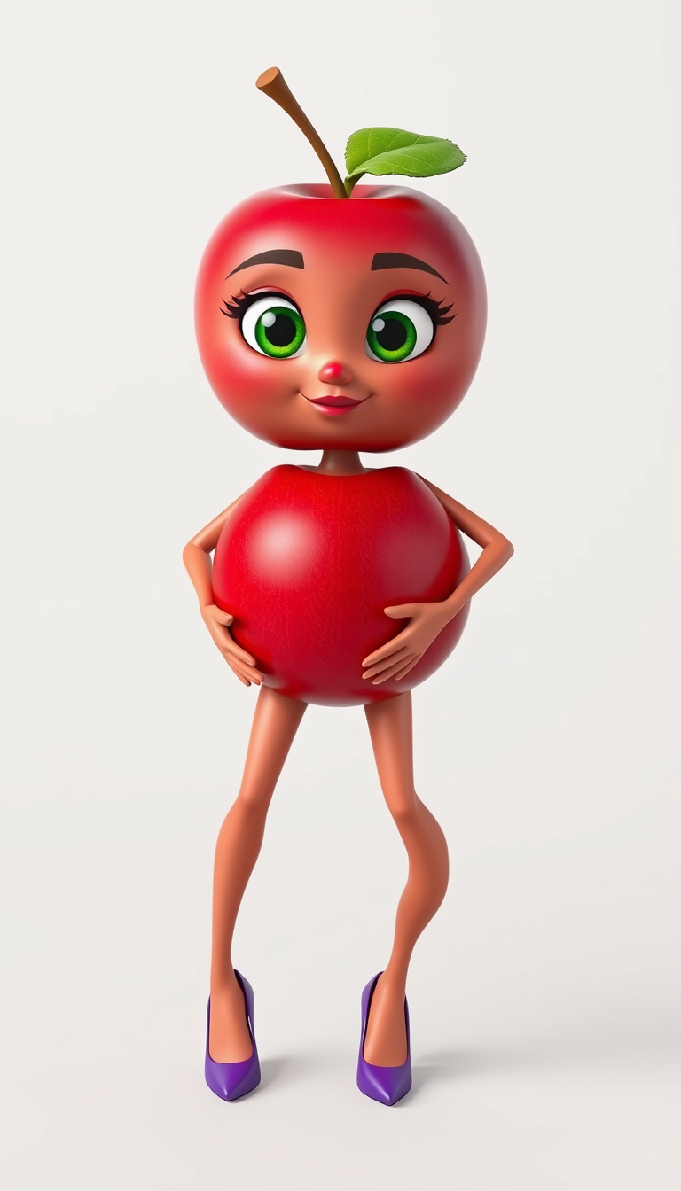 Main art studio: 3D animated adult female anthropomorphic red apple, round shiny red apple head and body, small brown stem with green leaf, big green eyes with pupils,