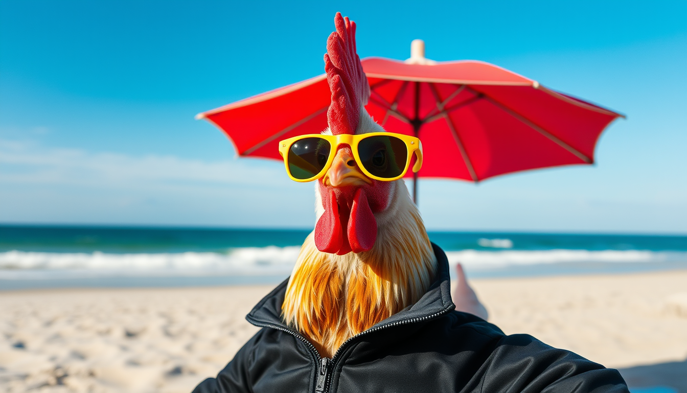 Main art studio: a chicken relaxing on a beach he is wearing a black sports jacket and yellow sunglasses, he also has brown pigtails and is under a red umbrella to kee