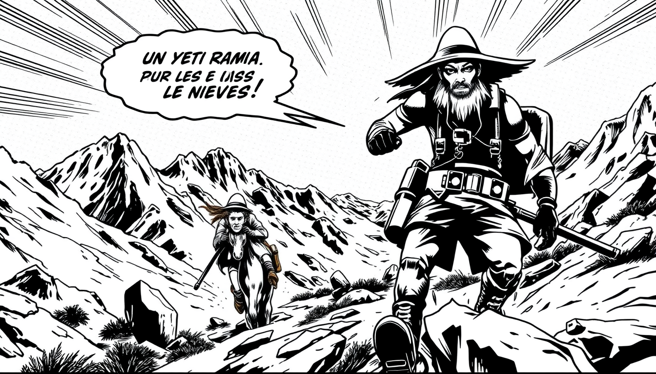 Comic idea: comic panel, bold inks, halftone shading, speech-bubble ready composition, un yeti camina por las nieves , dynamic comic illustration, action-pose fra