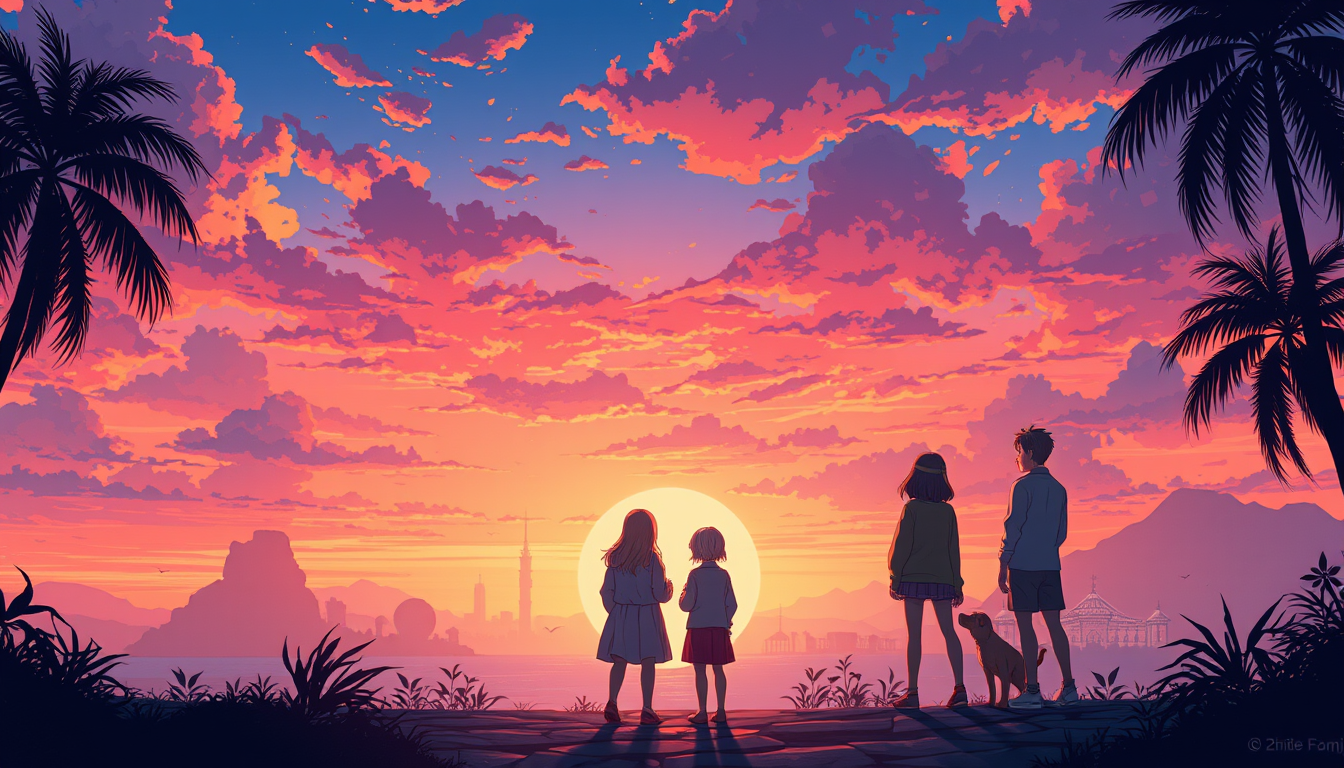 Main art studio: mesmerizing anime illustration that sunset city oasis, diverse friends standing together facing fear of the unknown, everything is mysterious and magi