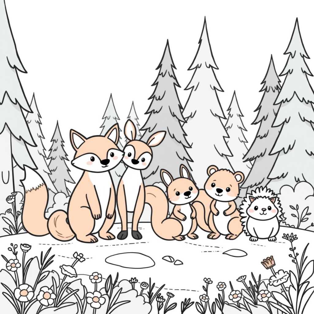 Main art studio: A cute group of forest animals standing together on a peaceful forest clearing. A friendly fox, rabbit, deer, squirrel and hedgehog are smiling and lo