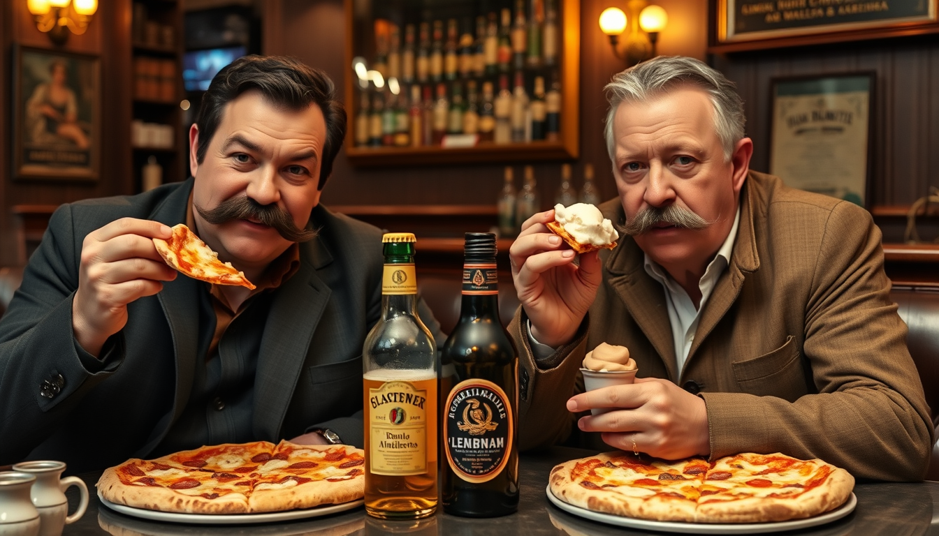 Main art studio: two italian men with big mustache eating pizza and gelato sitting in a italian style pub with infront of them a birra moretti beer and a bottle of lim