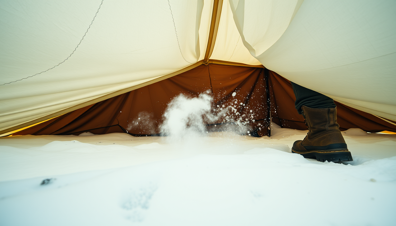 Main art studio: Low tracking shot follows the lower edge of the rising tent wall. Snow underneath compresses as the fabric settles into its final position. The camper