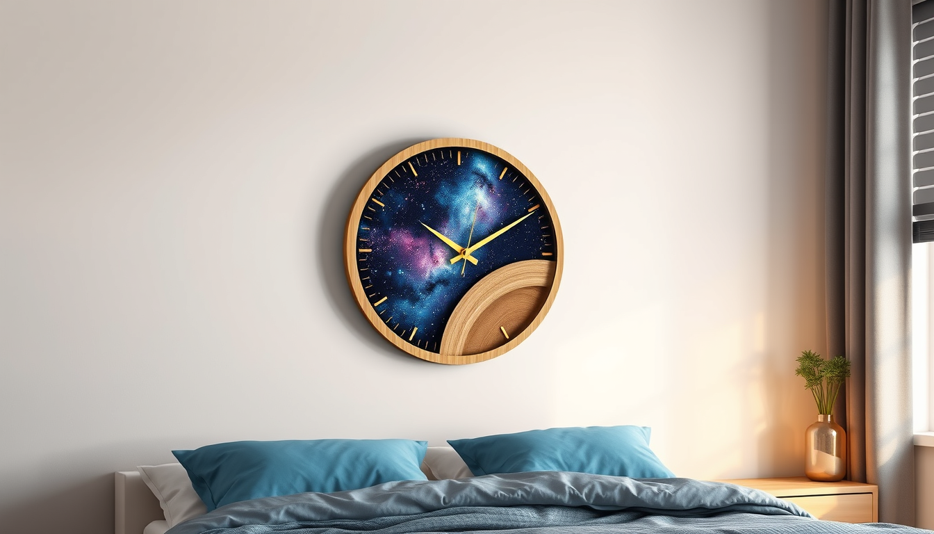 Main art studio: Realistic handmade galaxy resin clock on an MDF base, round shape, deep blue and purple galaxy with stars, glossy resin, gold clock hands, mounted on 