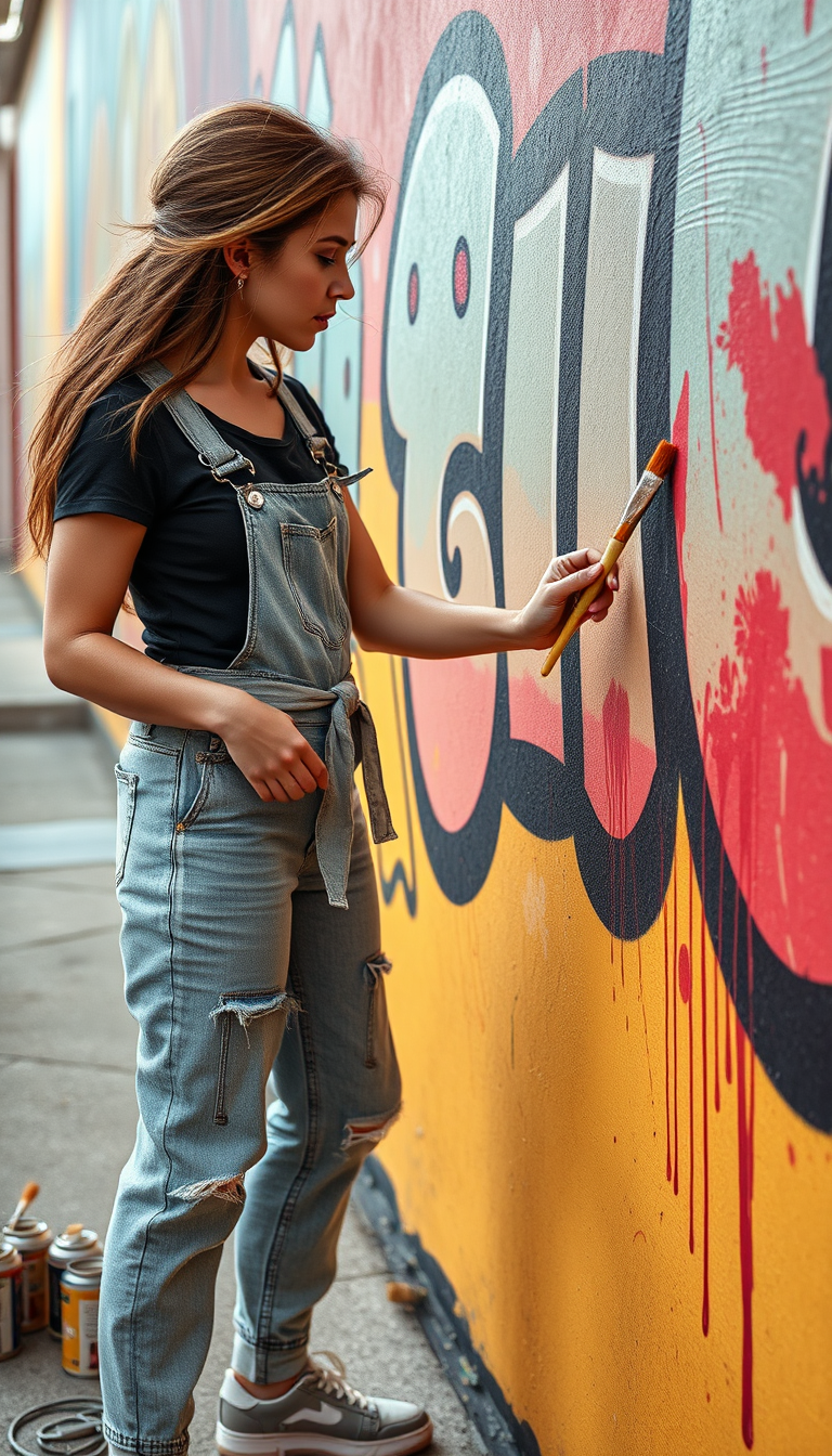 Main art studio: Create a cinematic realistic video using the provided image sequence as visual references. Maintain the exact same female street artist, outfit, hairs