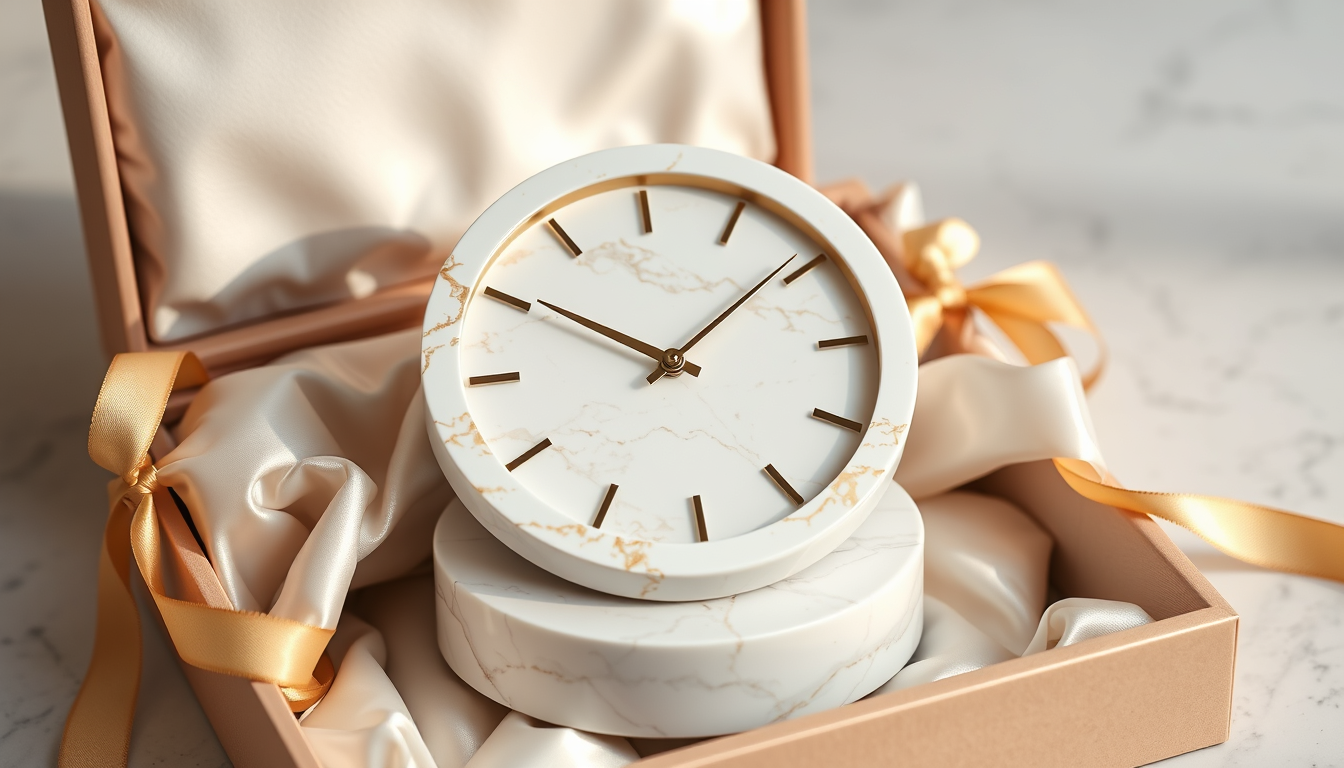 Main art studio: Luxury handmade resin marble clock on an MDF base, white marble effect with subtle gold veins, elegant gold hands, glossy finish, beautifully placed i