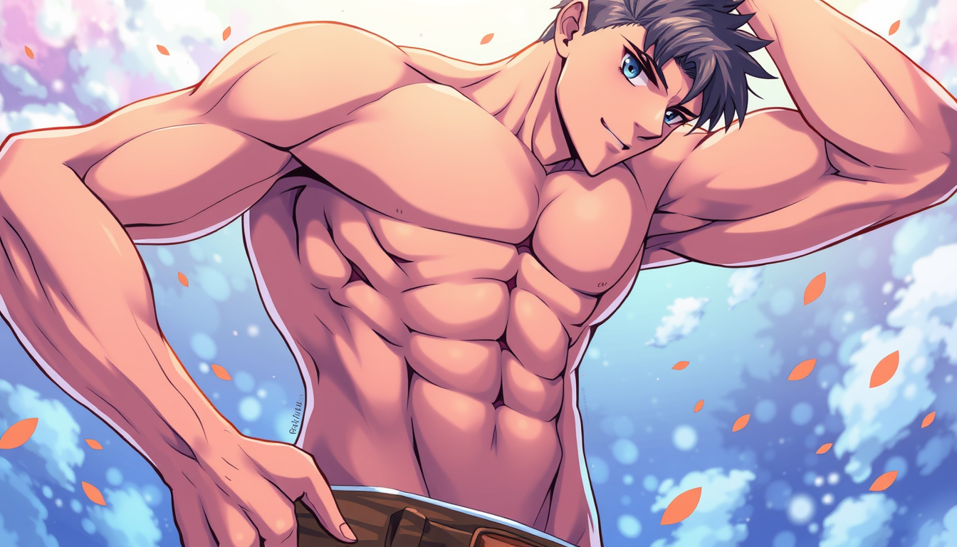 Anime idea: anime style, vibrant colors, expressive eyes, anime male abs american over you full body , detailed anime illustration