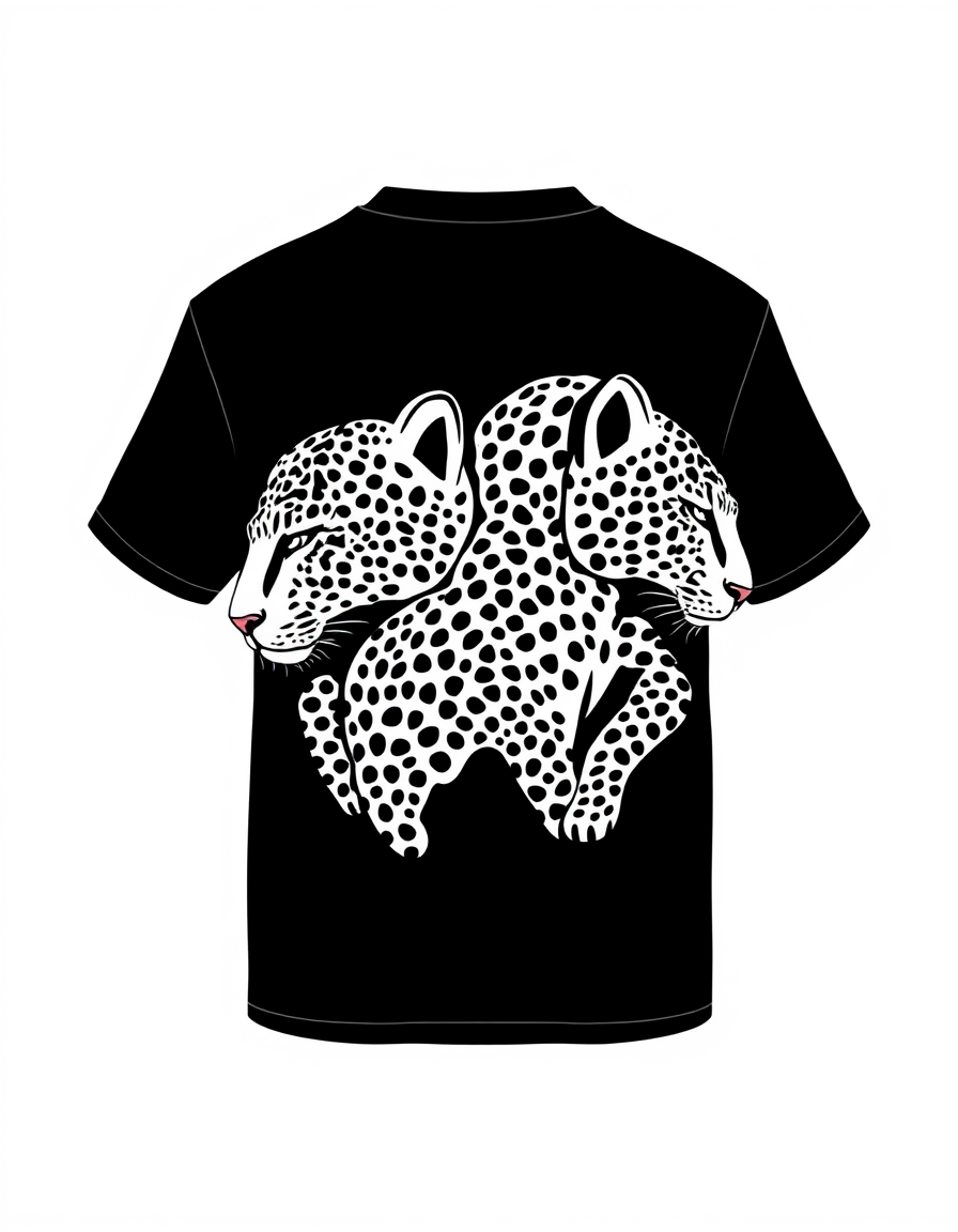 Main art studio: Erstelle ein professionelles,minimalistisches Design für Rückseite schwarzes T-Shirt,will es mit Bleiche gestalten.Das Motiv:Leopardenpärchen,Geschenk