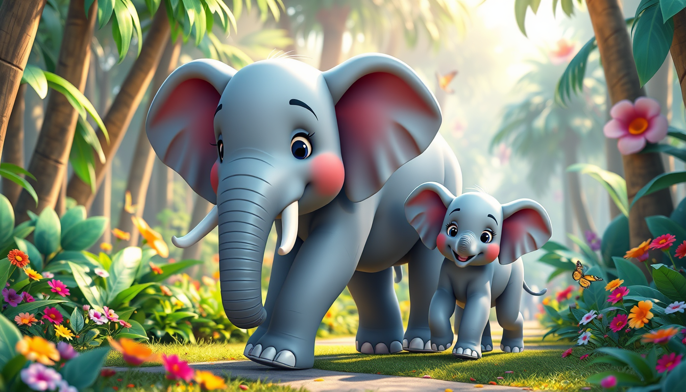 Main art studio: A cute friendly mother elephant walking into a beautiful colorful jungle with her adorable baby elephant beside her. The jungle is bright and magical,