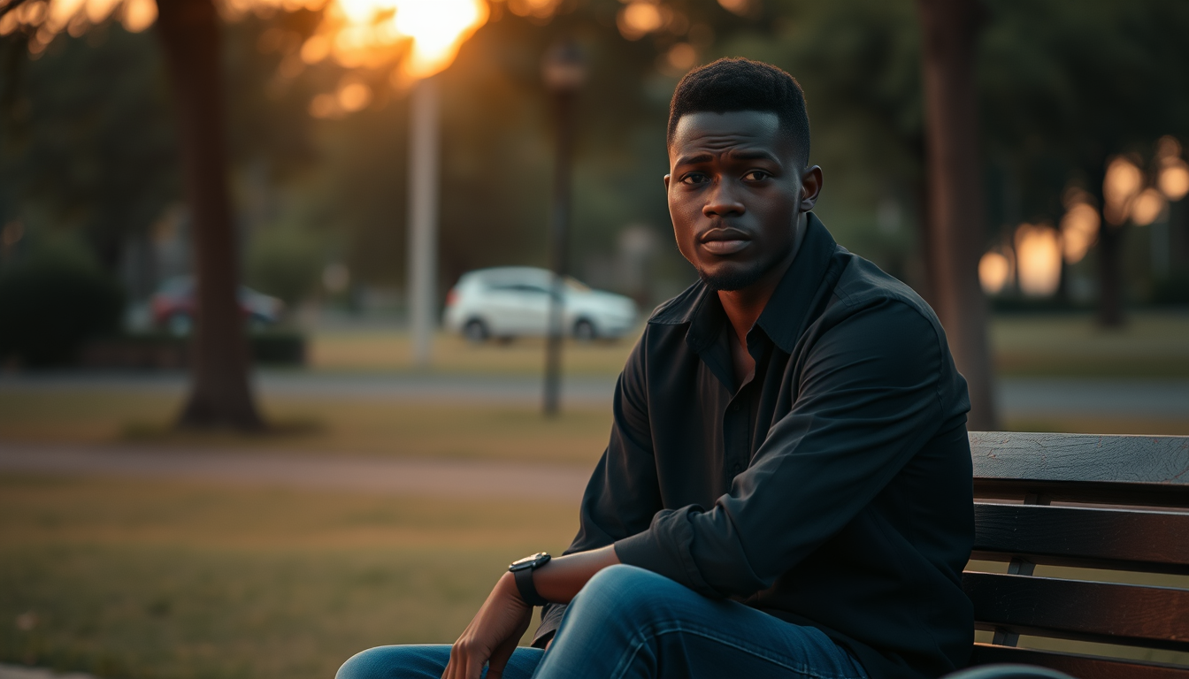 Main art studio: A 22-year-old African man sitting alone on a wooden bench in a quiet park at sunset. He looks deeply thoughtful and emotionally tired. He wears a simp
