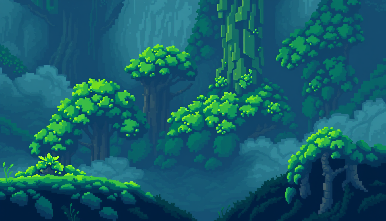 AI Pixel Art idea created from the prompt: pixel art, 32x32 sprite scale, limited palette, retro 16-bit game art, create a 300 pixel in hight and 630 pixel width background for a pixe