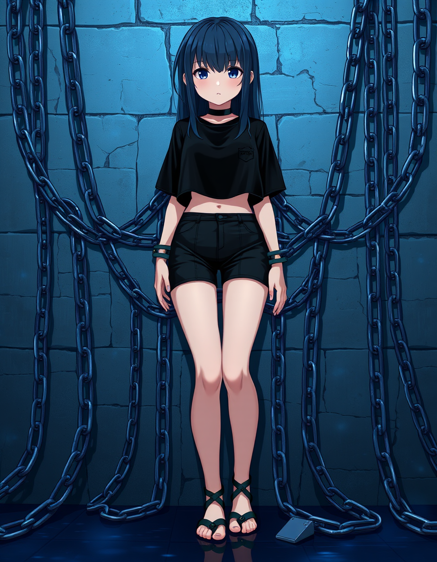 Main art studio: Full-body anime girl, head to feet fully visible, centered in the image. Wearing a black cropped top and black short shorts. Standing against a grey s