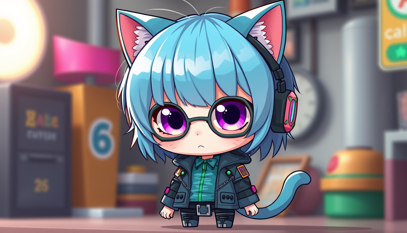 Chibi idea: chibi character, cute oversized head, small body, soft cel shading, Cabello azul petróleo con mechones verde neón. 💜 Ojos degradados lila y rosa. 🖤
