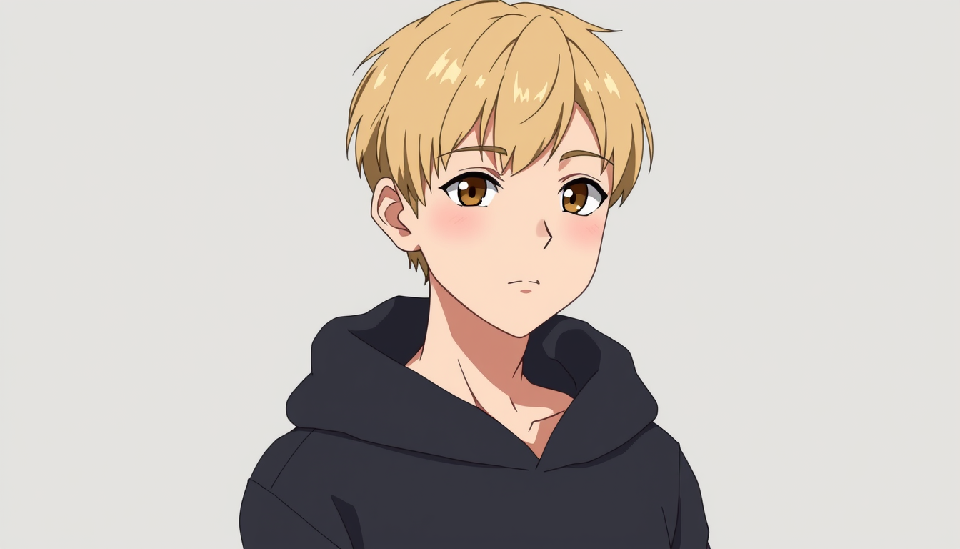 Main art studio: Teen boy, slightly longer short blond hair with a natural mod cut, straight hair, subtle realistic facial features, brown eyes, calm neutral expressio