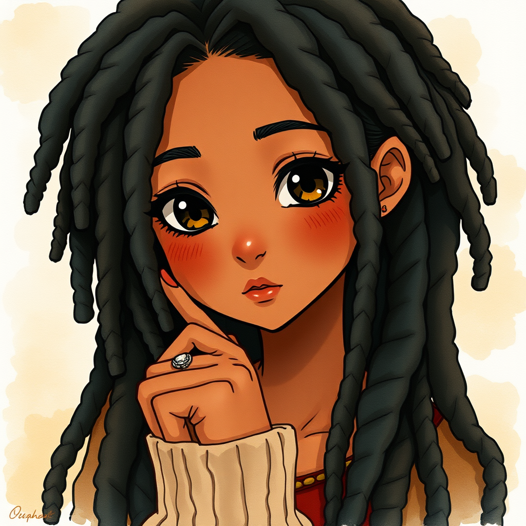 AI Art prompt example created from the prompt: black caramel female character Studio Ghibli inspired character art, black dreadlocks, dark brown eyes, cozy soft aesthetic with a laid-back
