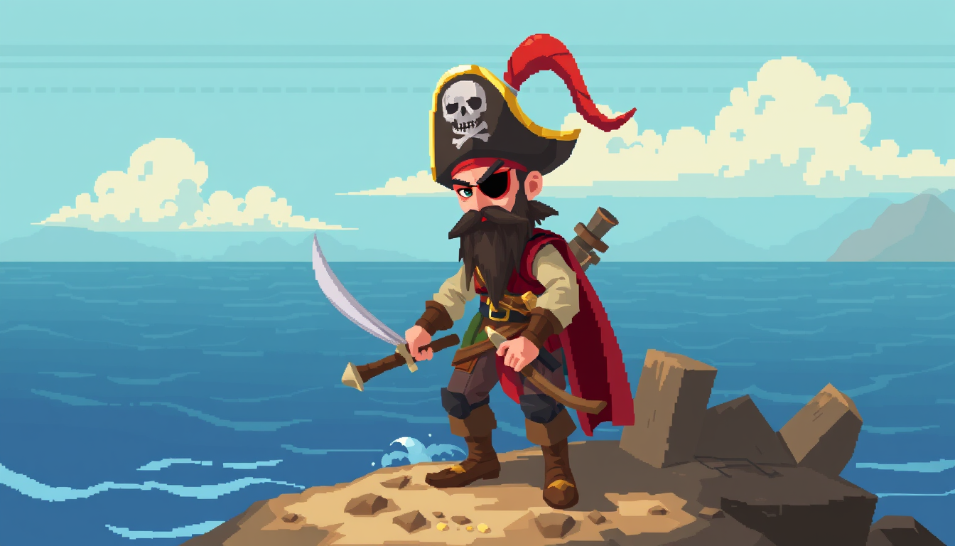 Main art studio: make me an image of a 2d pirate for a simple game 16 bits ONLY THE PIRATE NO BACKGROUND