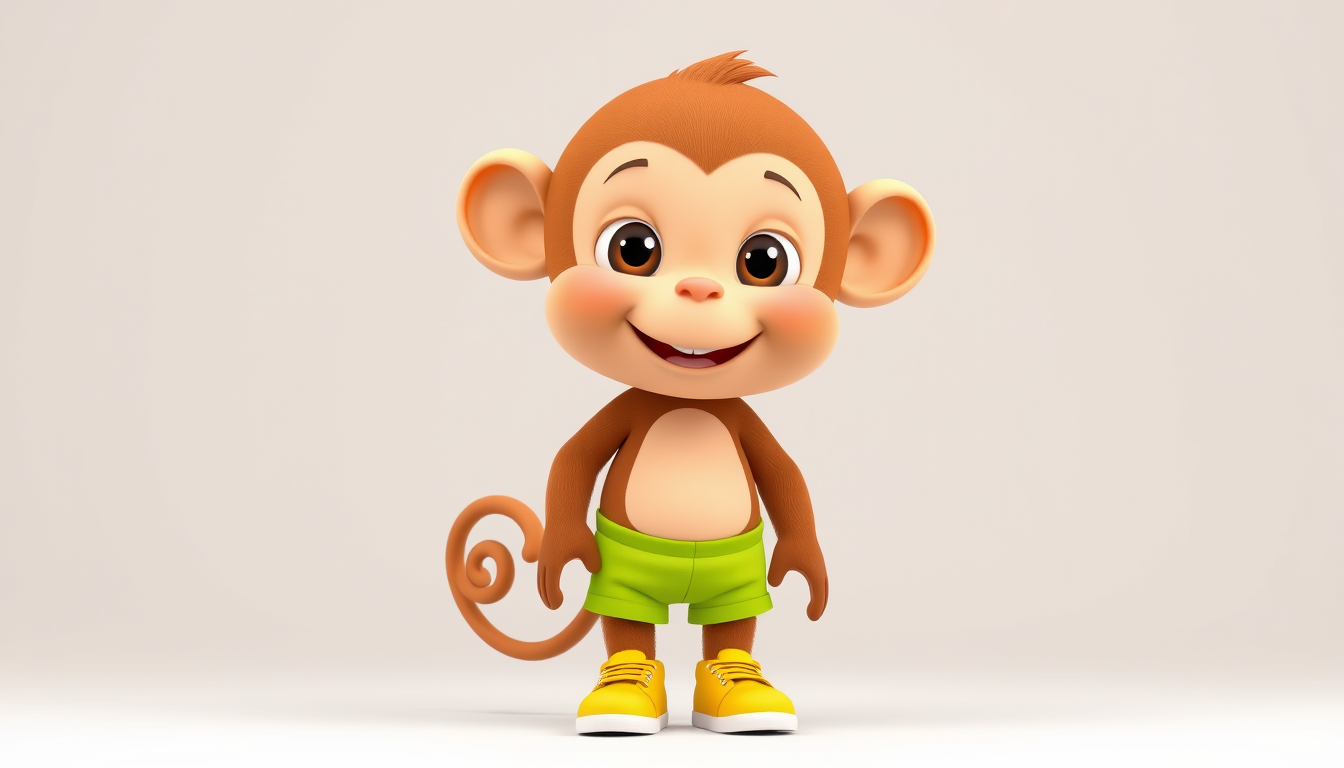 Main art studio: Cute 4-year-old cartoon monkey named Momo, warm brown fur, lighter tan face and belly, big expressive brown eyes, round cheeks, wide playful smile, sm