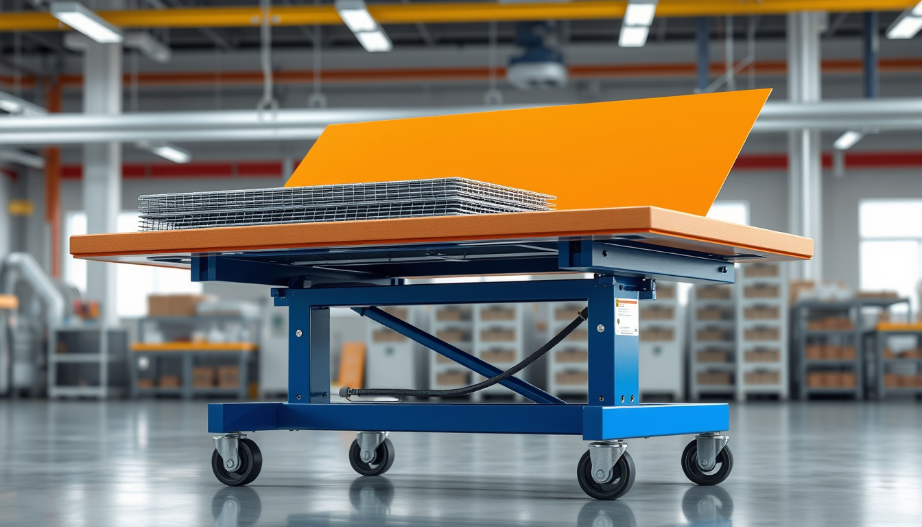 AI Art prompt example created from the prompt: "Industrial 3D rendering of an ergonomic tilting workstation table for a factory. The tabletop is tilted at a 30-degree angle, covered with