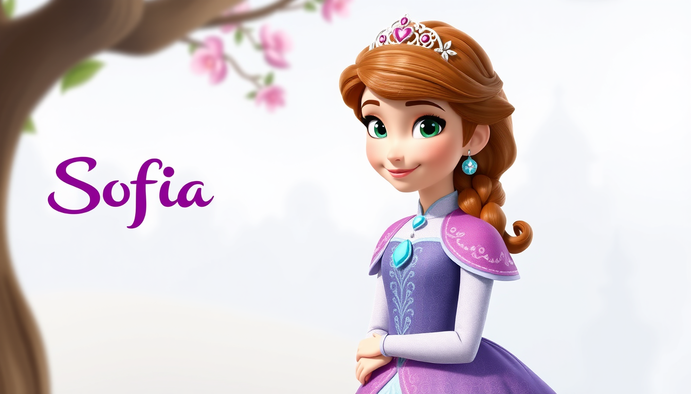 Main art studio: Generate a high resolution and clear picture of sofia the first with her tag name of walt disney next to her. Either her left or right but not on her
