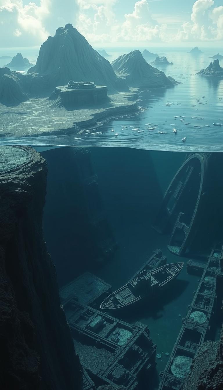 Main art studio: Gigantic underwater mountains, deep trenches and ancient shipwrecks revealed after oceans disappear, cinematic realism, 9:16
