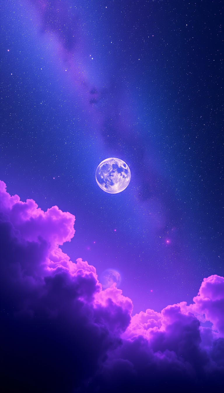 Main art studio: Create a deep space-themed iPhone wallpaper featuring a vibrant galaxy with stars, nebula clouds in purple and blue hues, and a glowing planet in the