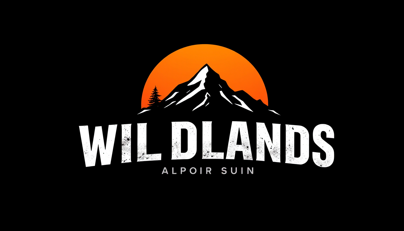 Main art studio: Professional Roblox adventure logo for "WILDLANDS". Majestic mountain silhouette, pine trees and rising sun, bold adventurous typography, cinematic ou