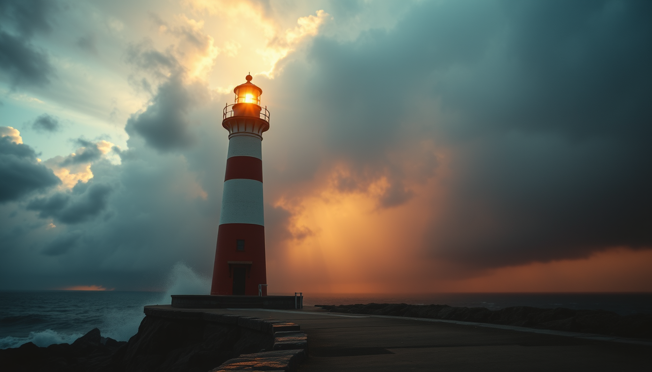 Main art studio: Create a warm, cinematic farewell image symbolizing a long journey through challenging times together. Show a strong lighthouse standing firm through