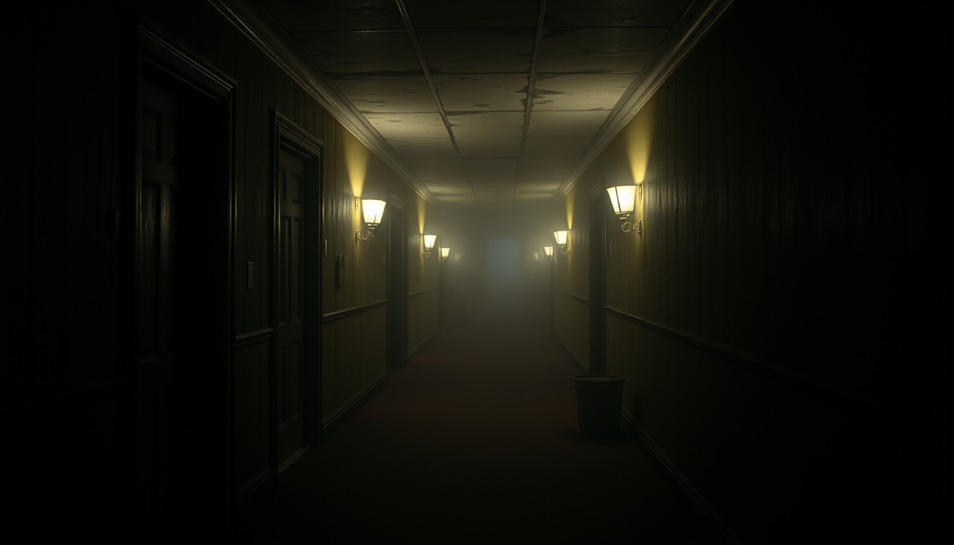 Main art studio: A terrifying abandoned hotel corridor at midnight, flickering lights, old wooden doors, thick fog, realistic cinematic horror photography, deep shadow