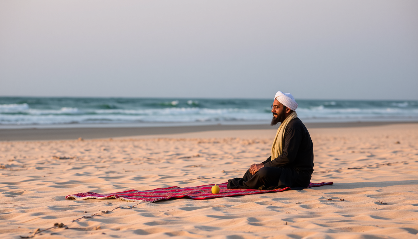 Main art studio: a man who makes namaz on sands in the morning