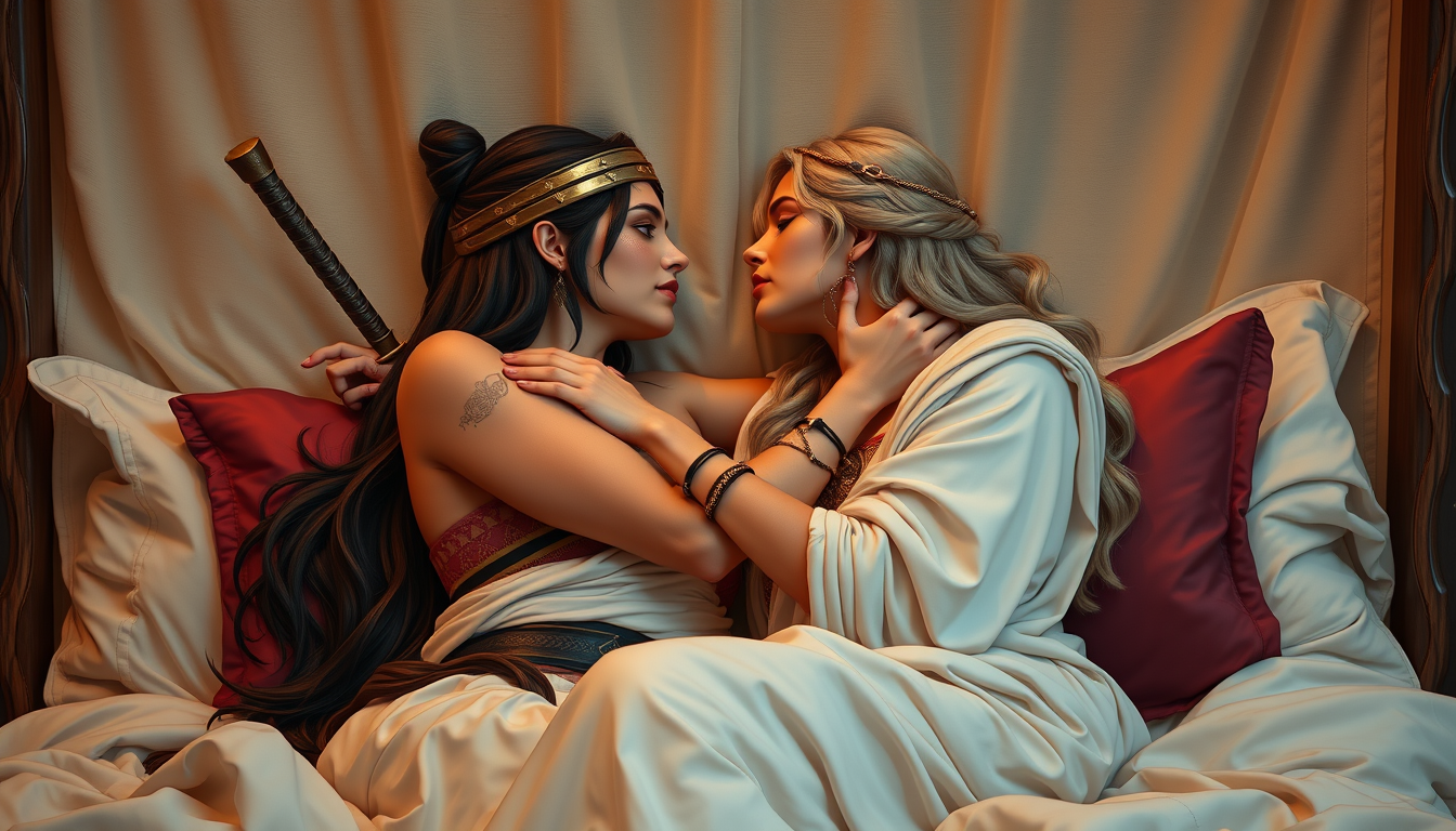 Main art studio: Nakiri, the warrior woman, and Kathea, the Greek princess, embrace and kiss in bed