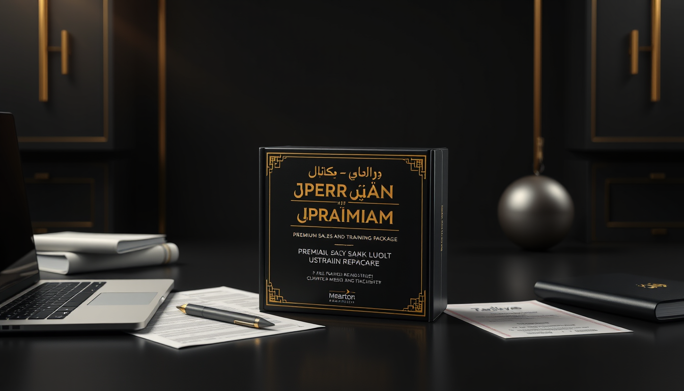 Main art studio: Professional 3D product advertisement for a premium Persian sales and negotiation training package, luxury corporate style, dark elegant background, r