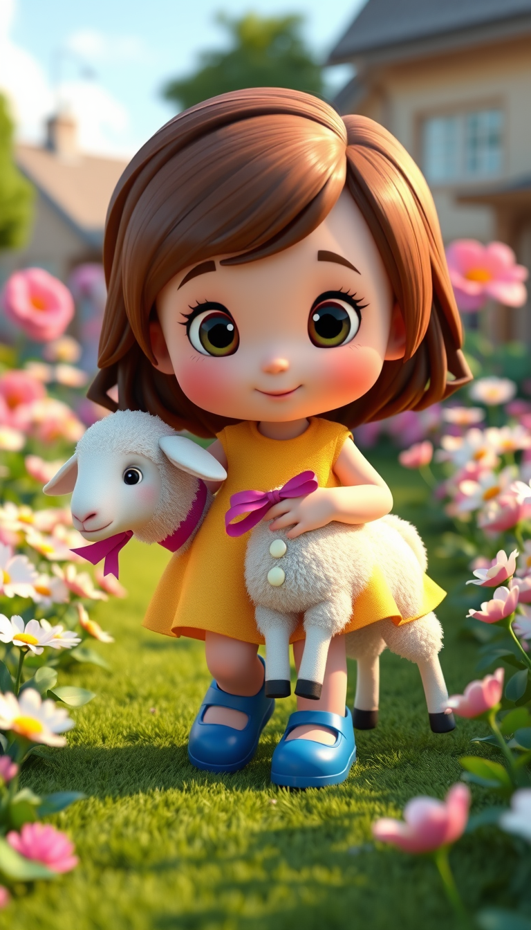 Main art studio: Cute little girl with brown hair, wearing a yellow dress and blue shoes, with a fluffy white lamb with a pink ribbon around its neck,The girl gently w