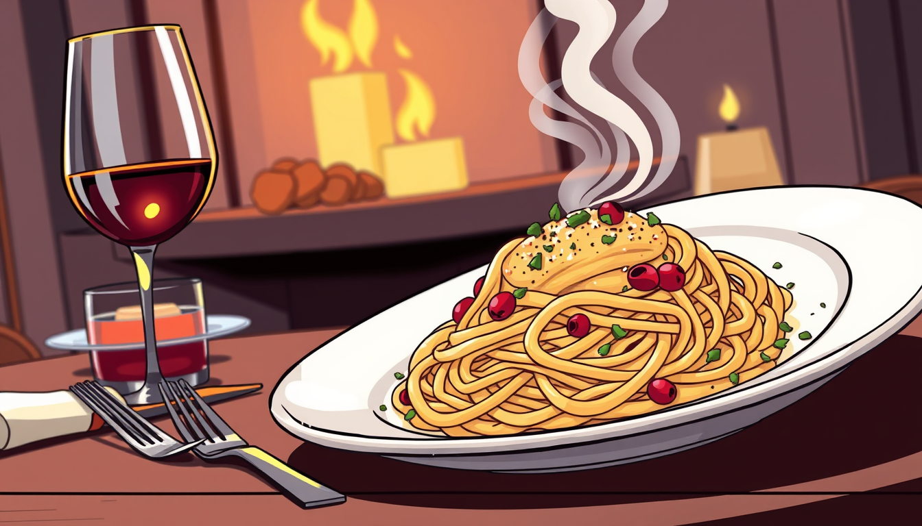Main art studio: Erstelle mir ein Bild mit einer Portion Spaghetti Carbonara als Cartoon Darstellung worüber stehen soll herzlich Einladung zum gemeinsamen Abendessen 
