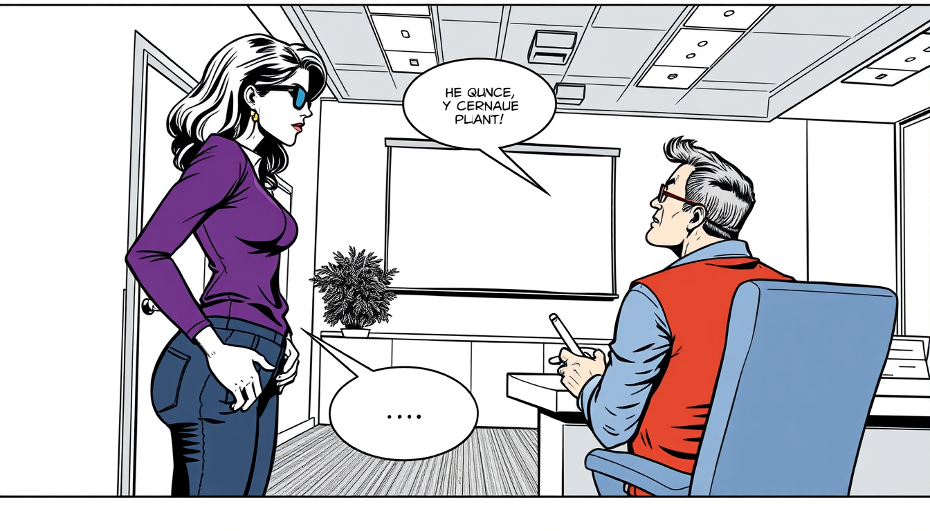 AI Comic idea created from the prompt: comic panel, bold inks, halftone shading, speech-bubble ready composition, La Stagiaire • Apparence : Cheveux châtains ondulés, haut violet,