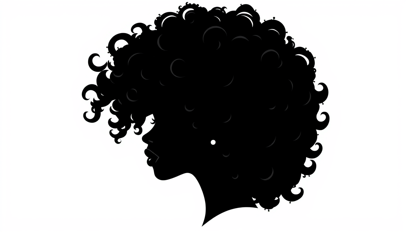 Main art studio: Black-and-white stylized illustration of a Black woman in left-facing side-profile silhouette. Solid black face with a graceful feminine forehead, def