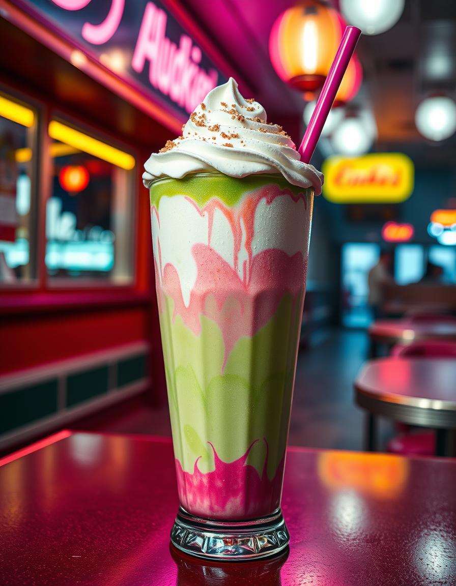 Main art studio: Colorful oversized kaiju milkshake in a playful American diner glass, thick creamy texture, vibrant green and pink layers, whipped cream, dramatic top