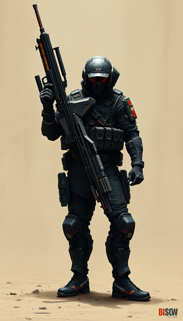 Main art studio: give me a male operator called breach with a massive drill on his back armoed with sige vibes show full body front